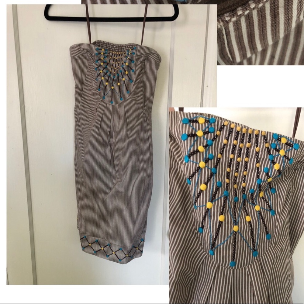 Brown and white stripe strapless dress  Anthro.